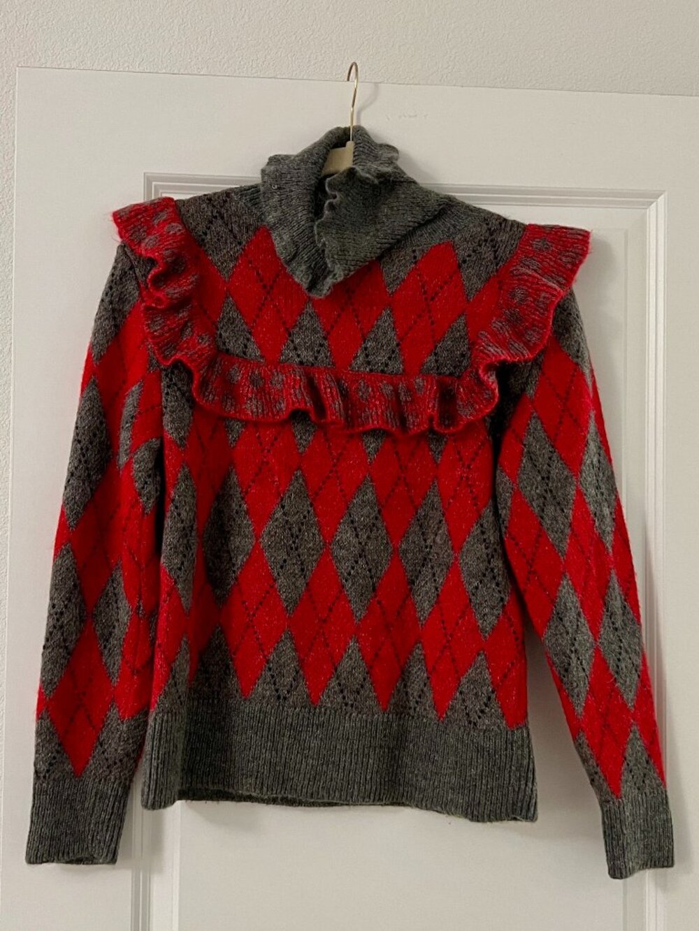 Zara Red Gray Argyle Turtleneck Ruffle Sweater